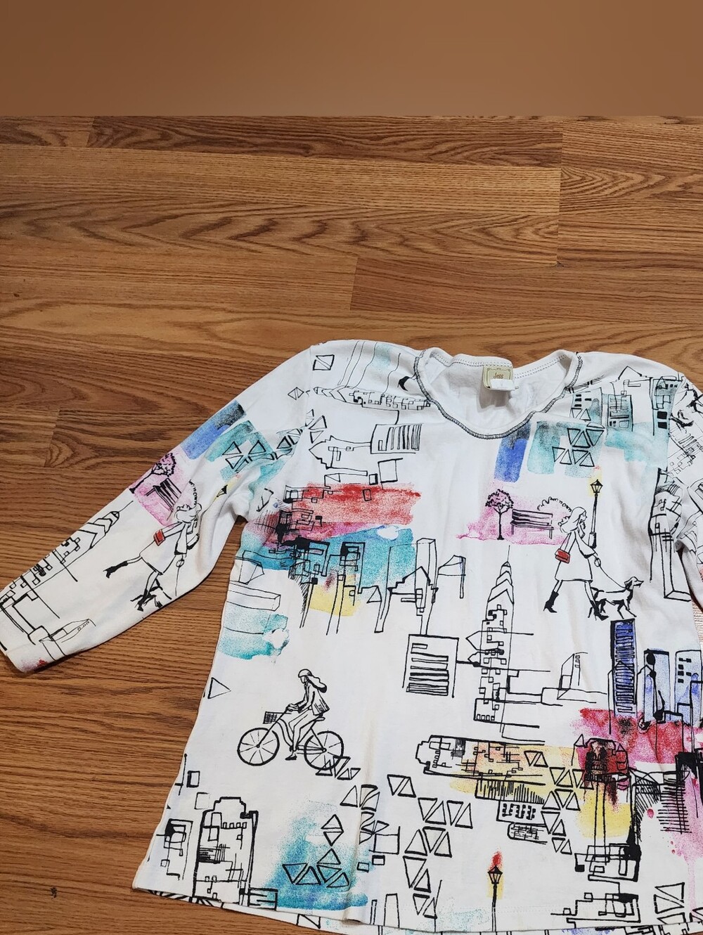 Jess & Jane Manhattan Top Womens M NYC Cityscape Art Print 3/4 Sleeve USA Cotton